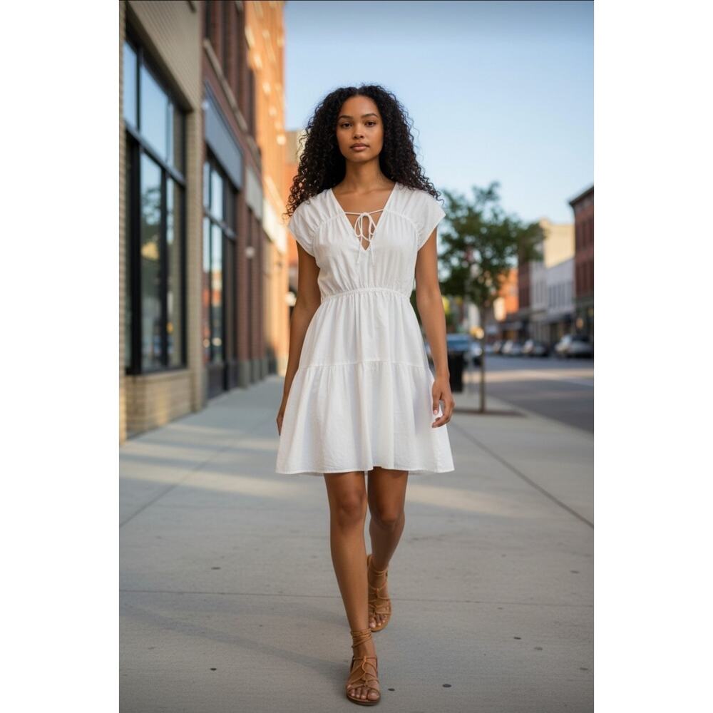 H&M Drawstring Detail White 100% Cotton Grecian Coquette Dress Size Large. NWOT